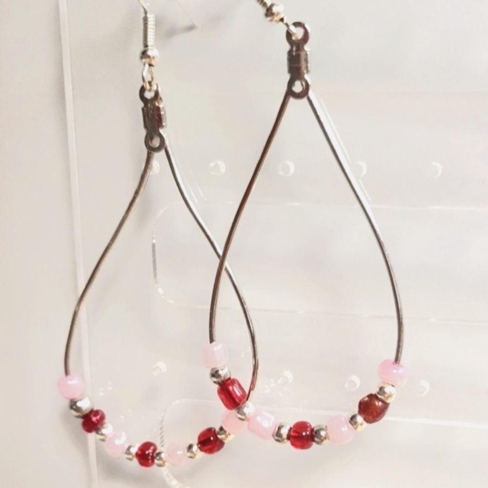 Artisanal Red and Pink Beaded Pierced Hook Earrings